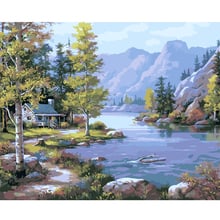 Pintura por números DIY, 60x75cm, paisaje de cabaña de riverside inverso, regalo hecho a mano para adultos, regalo único, decoración del hogar 2024 - compra barato