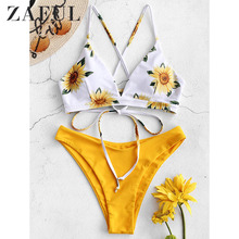 ZAFUL Sunflower Criss Cross Bikini Set Women Print Swimsuits Two Pieces Swimwear Push Up Bikinis Spaghetti Straps Bathing Suit 2024 - buy cheap