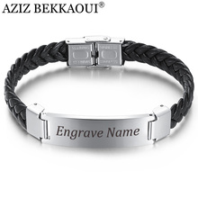 AZIZ BEKKAOUI Width Braided Leather Men Bracelets Engrave Name 316L Stainless Steel Cuff Bracelets Bangles Trendy Male Jewelry 2024 - buy cheap