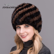 JINBAOSEN  new thick female hat hot sale real mink fur hat pineapple style ladies winter knit water hat with fox fur pompom 2024 - buy cheap