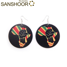 SANSHOOR Printed Afro Power Fist Wooden Drop Earrings With African Tribe Map Black Ethnic Bohemian Jewelry For Women Gifts 1Pair 2024 - buy cheap