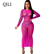 QILI Women Long Sleeve O Neck Mesh Dress Striped Pint Long Style Pencil Dresses Thin Sexy Bodycon Slim Waist Dress 2024 - buy cheap