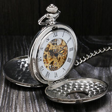 Mechanical Hand Wind Pocket Watch Luxury Double Open Face Roman Numbers Silver Clock with Fob Chain Relogio De Bolso P803C 2024 - buy cheap