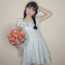 Vestido de verão nova versão coreana feminina do doce e adorável estrelas frescas arco foi fina malha casual lolita vestido 2024 - compre barato