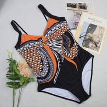 New Plus Size Vintage One Piece Swimsuit Women 2019 Push Up Bathing Suit Geometric Print Swimwear Monokini Cut Out Swimming Suit 2024 - buy cheap