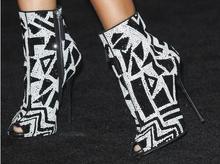 Botas de tornozelo com cristalização geométrica, novo sapato feminino de salto alto com strass cristalizado, preto e branco 2024 - compre barato