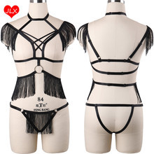 Conjunto de lencería con borlas para mujer, lencería con arnés para el cuerpo, sujetador y parte inferior con borlas, fetiche, Bondage, color negro, sexy 2024 - compra barato