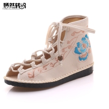 Chinese Women Flats Flower Summer Woman Sandals Peep Toe Embroidered Shoes Ethnic Lace up Soft Beach Travel Boots Shoes Woman 2024 - buy cheap