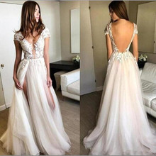 Sexy A Line Long Evening Formal Dresses 2019 V Neck Lace Applique Backless High Side Split Women Party Prom Gown Custom Fashion 2024 - buy cheap