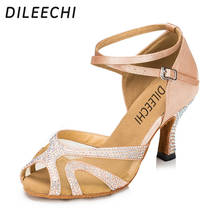 Dileechi sapatos de dança de cetim, feminino, cristal strass, salsa, tango, sapatos de dança de salão, sapatos de cor de pele, 75mm 2024 - compre barato