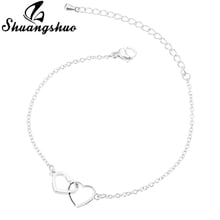 Shuangshuo-Pulseras de doble corazón para mujer, brazalete de acero inoxidable, cadena, joyería para mujer, regalo 2024 - compra barato