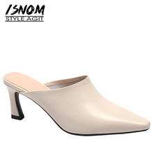 ISNOM Cow Leather Woman Slippers Square Toe Footwear Thick High Heels Slides Female Shoes Mules Shoes Women Summer 2019 New 2024 - buy cheap