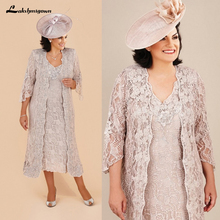 lakshmigown Lace Mother Of The Bride Dresses Suit Formal Wedding Party Dresses Long Jacket V-Neck Tea Length Plus Size Vintage 2024 - buy cheap