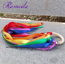 10pcs/lot  Rainbow Color Stain ribbon Wooden Ring Waldorf Ribbon With Bell Hand Kite Toy FLY ME Birthyday Party Favors 2024 - buy cheap