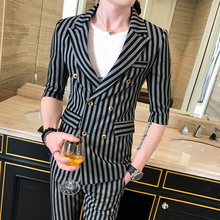 2019 Black and White Pinstripe Suits Mens Double Breasted Suits Traje Elegante De Hombre Wedding Dresses Mens Khaki Club Outfits 2024 - buy cheap