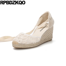 Large Size Famous Brand High Heels Tie Up Closed Toe Pumps Women Wedge Platform Sandals Strap Shoes Espadrilles White Lace Rope 2024 - buy cheap