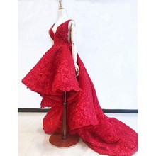 Vermelho muçulmano vestidos de noite vestido de baile profundo com decote em v rendas frisado flores islâmico dubai árabe saudita longo elegante vestido de noite 2024 - compre barato