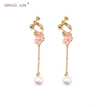 GRACE JUN New Clip on Earrings No Pierced for Women Party Wedding Long Tassel Flower Shape Screw Cuff Earrings Factory Wholesale 2024 - buy cheap