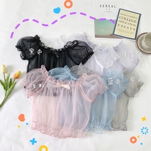 Super fairy Japanese soft dress dresses Lolita lined tops cute lolita inside puff sleeves chiffon shirt tops female summer 2024 - buy cheap