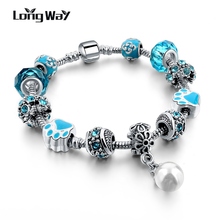 LongWay Silver Color Snake Chain Bracelets & Bangles with Safety Chain & Glass Beads Fit Pan Bracelet for Women SBR160097103 2024 - buy cheap