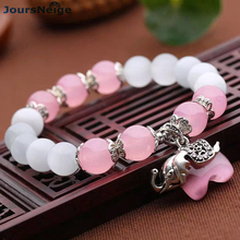 Pulseira com pedras olho de gato rosa e branco, pingente de elefante prateado tibetano para mulheres, bracelete simples e rosa 2024 - compre barato