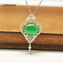 3.7*2.1cm Hot Natural semi-precious stones 925 Sterling Silver green Pendant green chalcedony necklace color women jewelry DIY 2024 - buy cheap