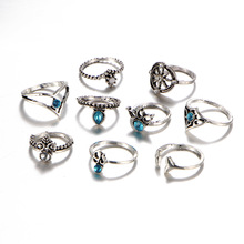 Conjunto de anel de articulação feminino, anel de prata/ouro com bússola, flor azul/cristal, joias de anéis para dedos 2024 - compre barato