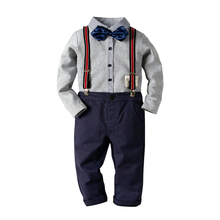 Conjunto de camisa de algodão de manga longa + macacão infantil, roupas para bebês, meninos, recém-nascidos, com laço branco 2024 - compre barato