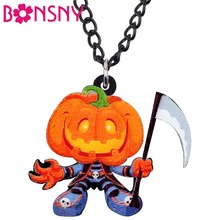 Bonsny Acrylic Halloween Smile Pumpkin Sickle Necklace Pendant Chain Choker Party Anime Jewelry For Women Girls Teens Kids Gift 2024 - buy cheap
