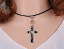 Enamel Jesus Cross Necklace Pendant Vintage Saint Benedict Christian Religion Leather Benedict Crucifix  Jewelry For Women 2024 - buy cheap