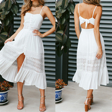 2019 Women White Lace Split dress elegant Sleeveless Holiday Maxi Boho Floral Summer Beach Long dress Evening Party dress 2024 - buy cheap