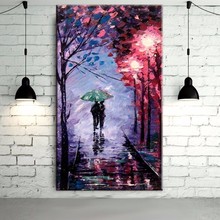 Abstract Wall Art Handmade Romantic Colors Purple Background Oil Painting On Canvas Lover Under Umbrella Walking On The Road 2024 - buy cheap