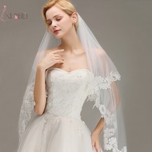 Véu de noiva com 2 camadas, véu de casamento com pente, borda de renda, branco de marfim, acessórios de noiva 2024 - compre barato