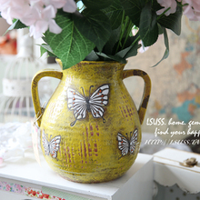 Желтая креативная керамическая ваза с бабочками для цветов, Декор для дома, украшение для комнаты, винтажная индивидуальная ваза, фарфоровые фигурки 2024 - купить недорого