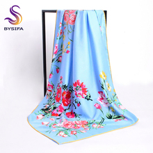 Женский саржевый шелковый шарф [BYSIFA], голубой шарф-накидка с цветочным принтом 2024 - купить недорого