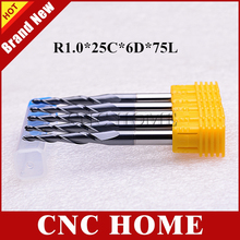 5pc R1.0*25C*6D*75L*2F HRC55 Tungsten Steel Carbide Ball Nose End Mill Nano Coated Tapered Cone Type CNC Taper Milling Cutter 2024 - buy cheap