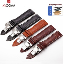 AOOW Leather Watch Band Strap Butterfly Buckle Polished Metal Clasp Watchband 12 14 16 18mm 19mm 20mm 22mm 24mm 2024 - buy cheap