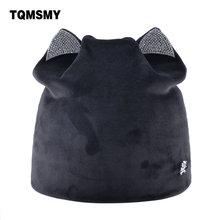 New style bonnet women's Diamond Skull hat Lady's soft Velvet Beanies girl Cat ears cap Solid color winter Hats for Women caps 2024 - buy cheap