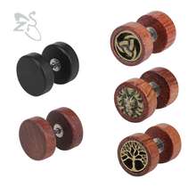 ZS 10mm Stud Earrings for Women Men brincos Wooden Ear Studs Earrings Black Brown Stainless Steel Earrings pendientes mujer moda 2024 - buy cheap