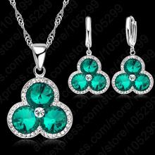 Newest Real 925 Sterling Silver CZ Crystal 3 Petal Fine Shape Dark Green Color Necklace For Woman Jewelry Wedding Earring Set 2024 - buy cheap