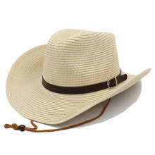 Fashion Men Straw Western Cowboy Hat With Windproof Rope For Gentleman Dad Beach Sun Sombrero Hat Size 58CM A0116-JQ 2024 - buy cheap