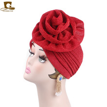 Diadema grande de flores para mujer, turbante musulmán brillante, gorro de la India, colores rojos y morados, accesorios para pérdida de pelo para fiesta de boda, novedad 2024 - compra barato