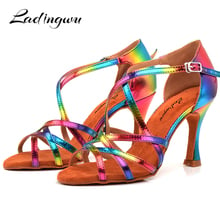Ladingwu sapatos de dança arco-íris, sapatos femininos cor arco-íris pu para dança salsa, design único de látex com palmilha tamanho 33 a 44 2024 - compre barato