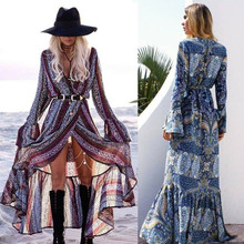 Fashion Women Dresses Chiffon Bohemia Summer Front Split Long Sleeve Beach Maxi Long Dress Beachwear Female Clothes 2024 - buy cheap