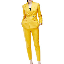 2019 moda amarelo duplo breasted ajuste fino das mulheres 2 peças ternos de estilo uniforme escritório feminino ternos dos piezas mujer 2024 - compre barato