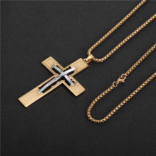 Collar con colgante de Cruz para hombre, cadena en capas de acero inoxidable, Color dorado, con versáculos bíblicos de Jesús y Jesús, caja de 60cm, regalo de joyería 2024 - compra barato