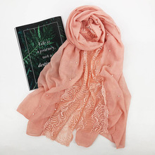 women hijab scarf cotton shawl solid color lace pashmina pearl scarves muslim hijab fashion plain head scarf 9 color 20pcs/lot 2024 - buy cheap