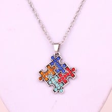 antique silver Hope Multi-Colored Crystal Autism Awareness puzzle Piece Pendant with link chain necklace 2024 - buy cheap