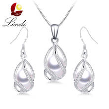 100% Natural Freshwater Pearl Jewelry Sets For Women Fashion 925 Sterling Silver Cage Pendant+Drop Earrings With Box Lowest Pric 2024 - buy cheap