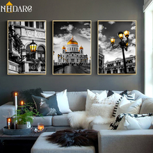 Póster sobre lienzo de paisaje de ciudad, cuadros de pared para sala de estar, decoración del hogar, negro, moderno, blanco y amarillo 2024 - compra barato
